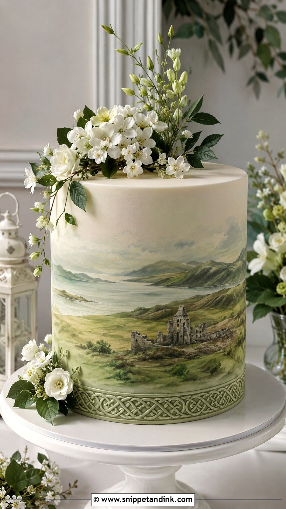 Celtic Wedding Cake With Watercolor Landscape - Snippet and Ink - 30 Celtic Wedding Cake Ideas