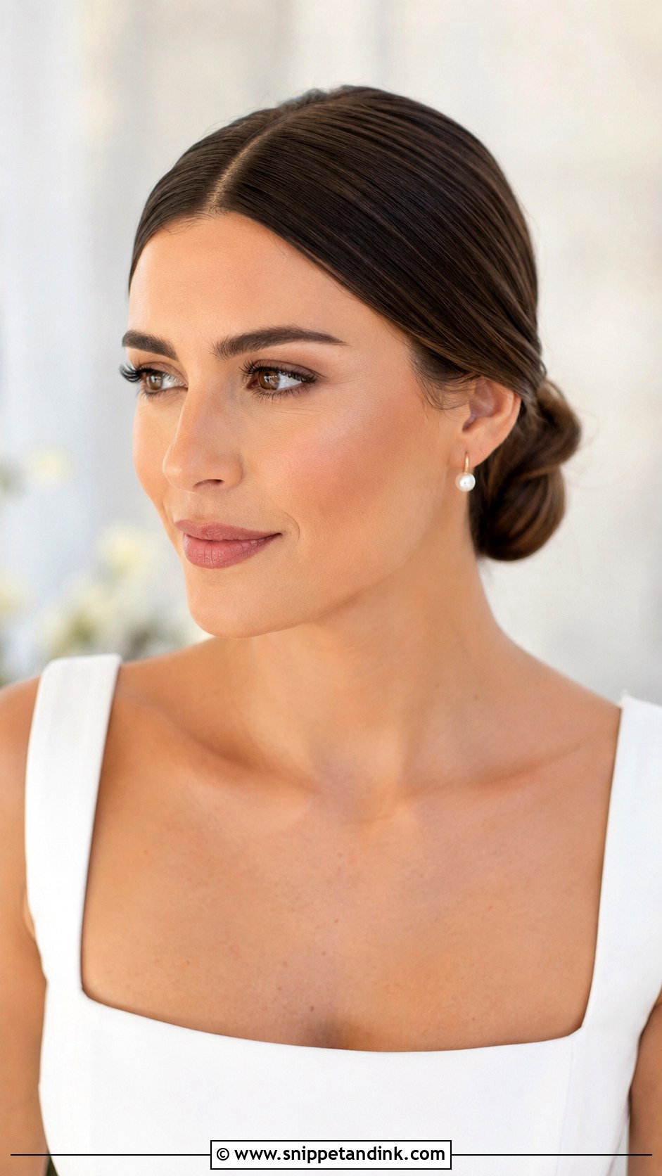 Center Part Brunette Low Bun Wedding Hair - Snippet and Ink - 15 Low Bun Brunette Wedding Hair Ideas