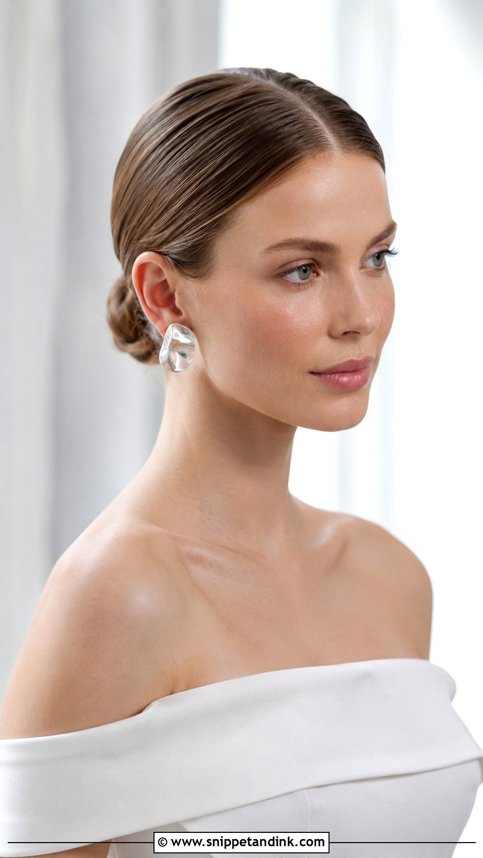 Center Part Low Bun For Off Shoulder Dress - Snippet and Ink - 15 Wedding Hairstyles for Off Shoulder Dress