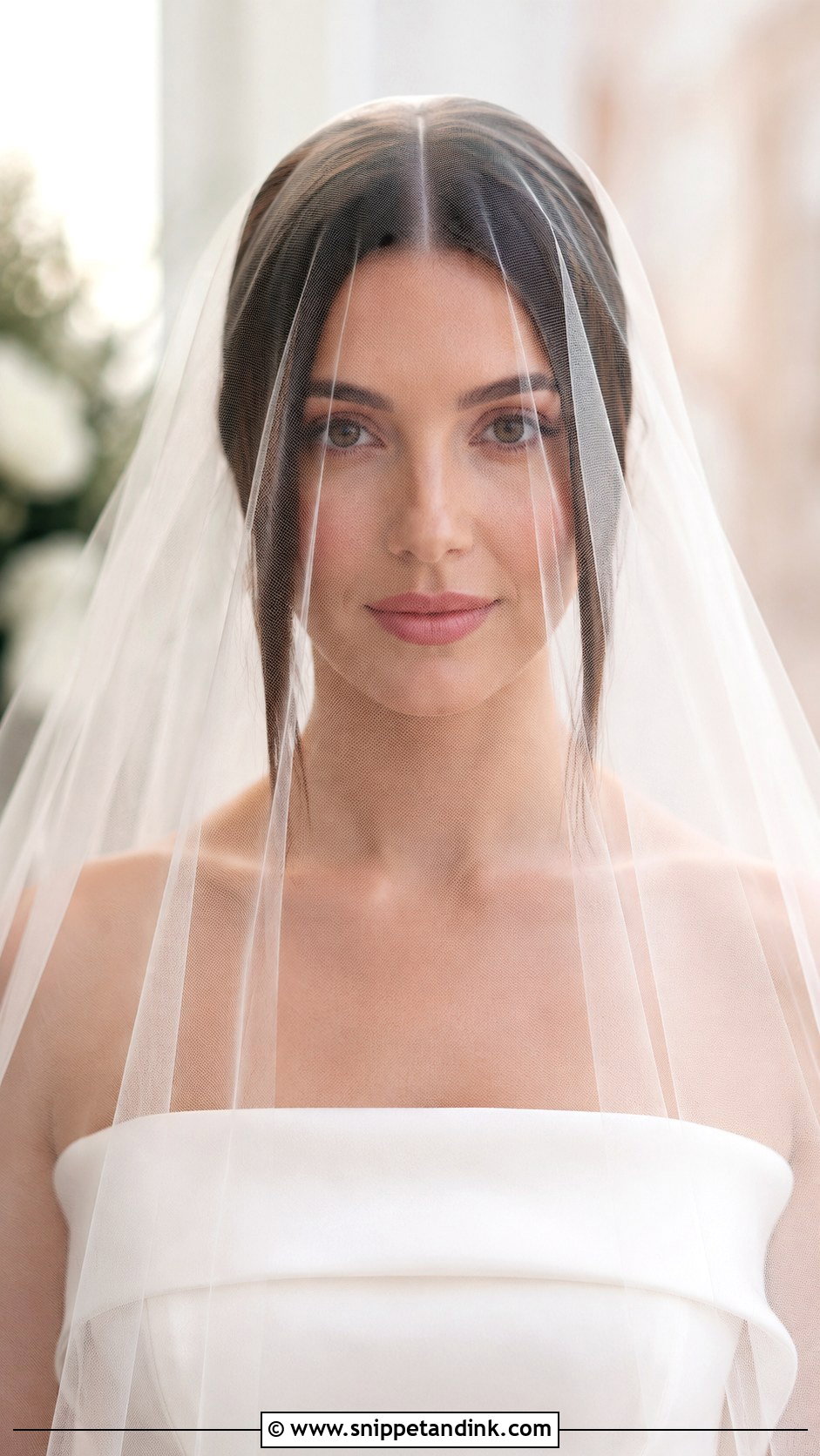 Center Part Straight Hair With Blusher Veil - Snippet and Ink - 25 Blusher Veil with Hair Down Ideas