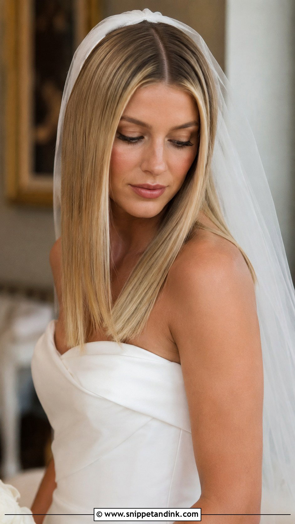 Center Part Straight Hair With Veil - Snippet and Ink - 20 Kim K Wedding Hair Ideas