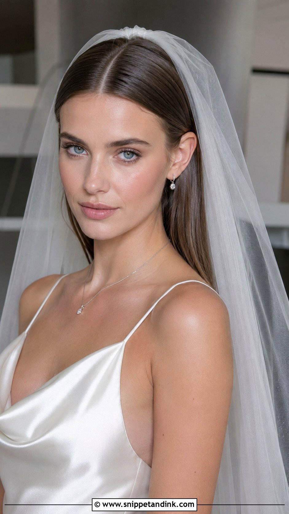 Center Part Straight Hair with Cathedral Veil - Snippet and Ink - 25 Cathedral Veil with Hair Down Ideas