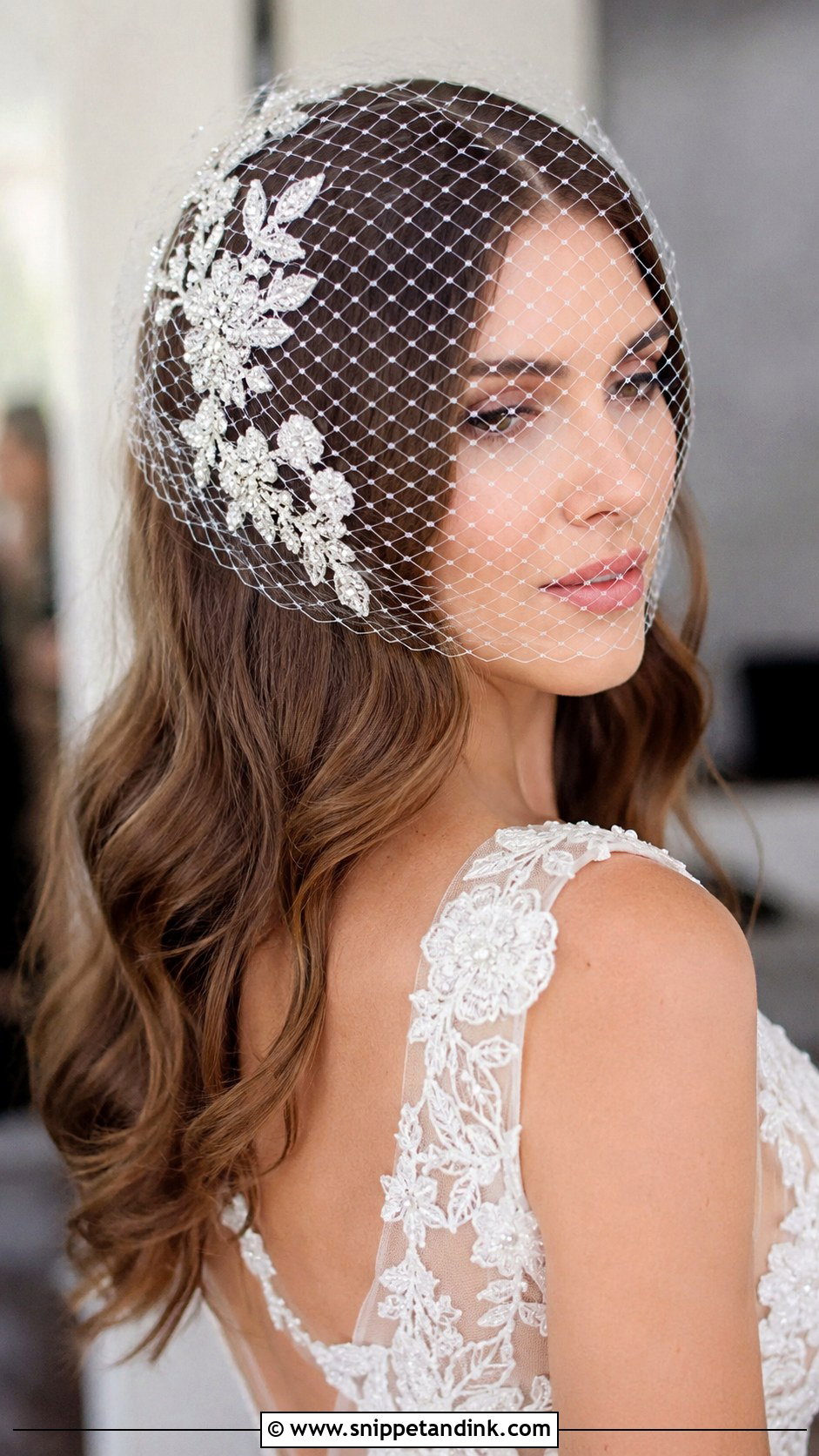 Center Part Waves With Juliet Cap Veil - Snippet and Ink - 25 Hair Down with Veil Ideas