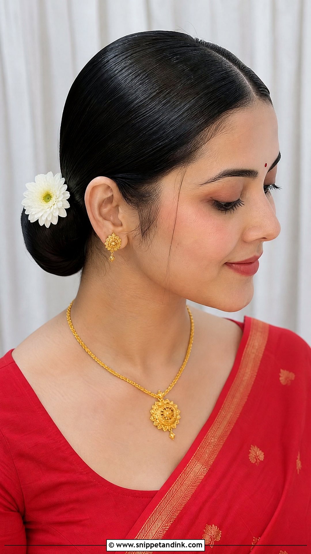 Center Parted Sleek Bun - Snippet and Ink - 20 Bengali Bridal Hairstyle Ideas