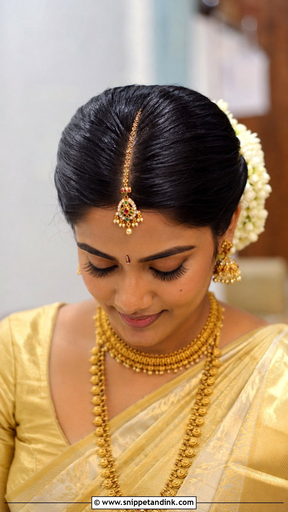 Center Parted Sleek Front for South Indian Bride - Snippet and Ink - 25 Indian Bridal Front Hairstyles