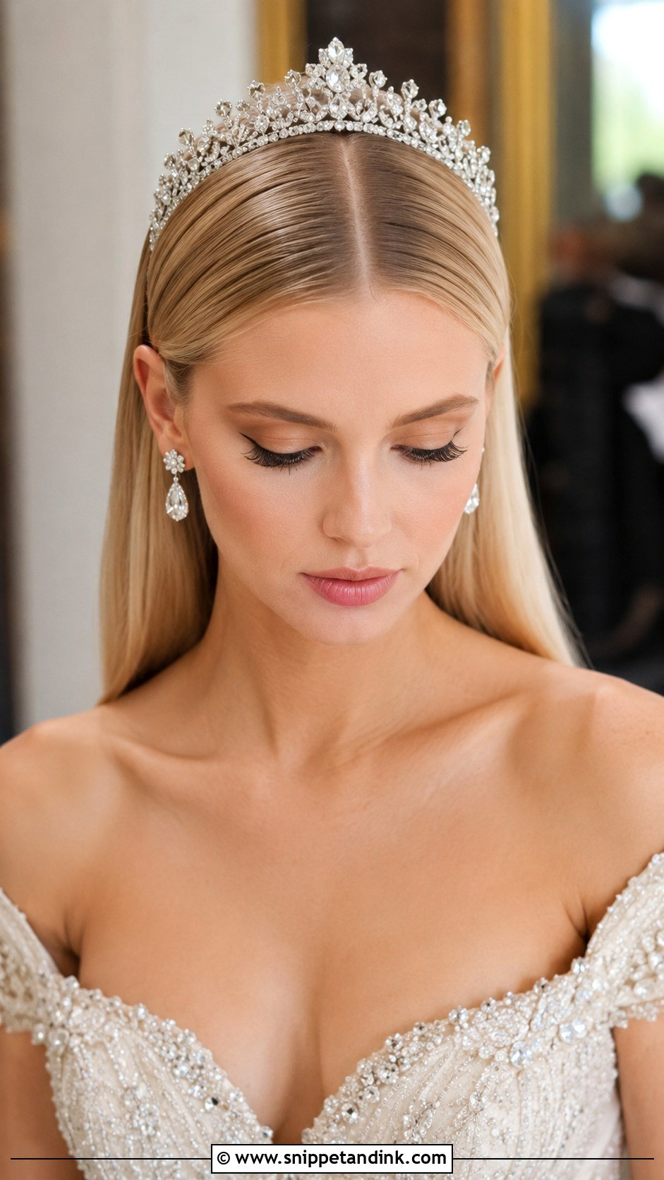 Center Parted Sleek Hair With a Tiara - Snippet and Ink - 20 Sleek Wedding Hair Down Ideas