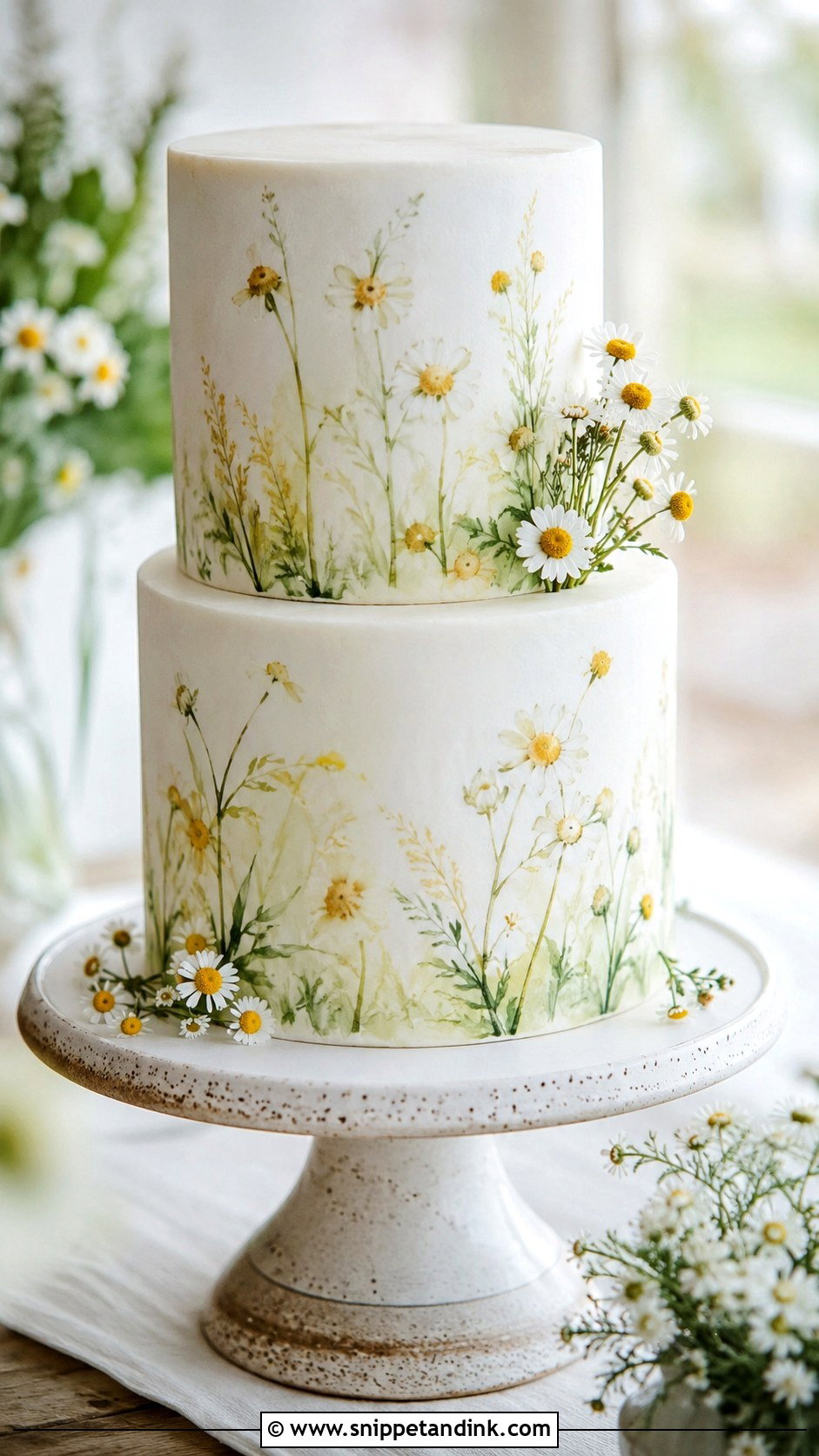 Chamomile Watercolor Wedding Cake - Snippet and Ink - 20 Chamomile Wedding Cake Ideas