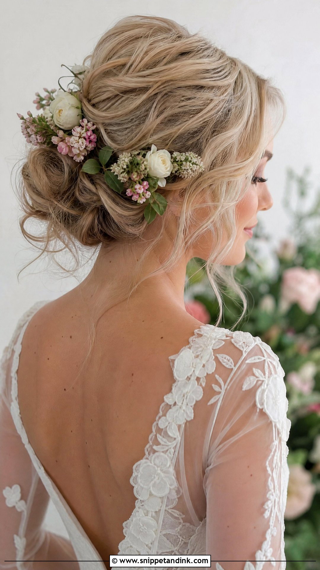 Champagne Blonde Floral Updo - Snippet and Ink - 20 Blonde Hair Bride Ideas