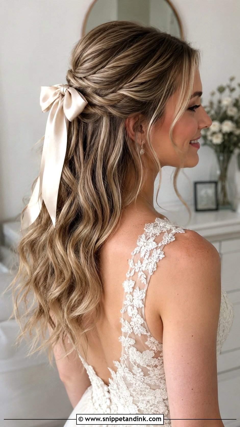 Champagne Bow With Romantic Waves - Snippet and Ink - 20 Half-Up Half-Down Wedding Hair with Bow Ideas
