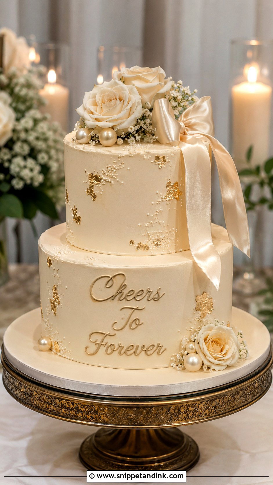 Champagne Color Wedding Cake With Cheers To Forever - Snippet and Ink - 25 Wedding Cake Wording Ideas