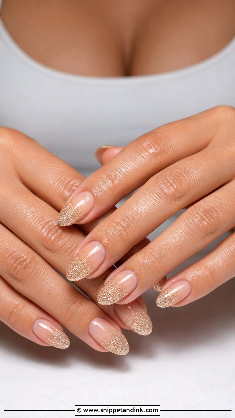 Champagne Glitter Almond Wedding Guest Nails - Snippet and Ink - 20 Almond Wedding Guest Nails Ideas
