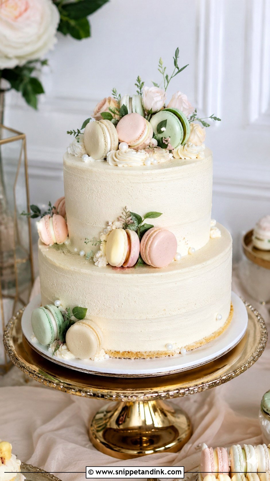 Cheesecake Wedding Cake With Macarons - Snippet and Ink - 20 Cheesecake Wedding Cake Ideas
