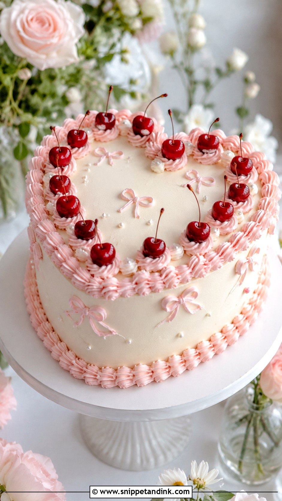 Cherry Bow Retro Heart Wedding Cake - Snippet and Ink - 30 Retro Heart Wedding Cake Ideas