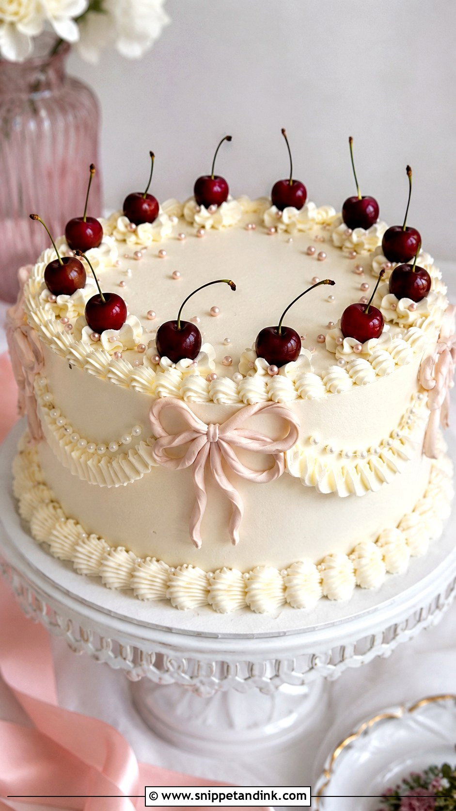 Cherry Bow Wedding Cake - Snippet and Ink - 25 Vintage Cherry Wedding Cake Ideas