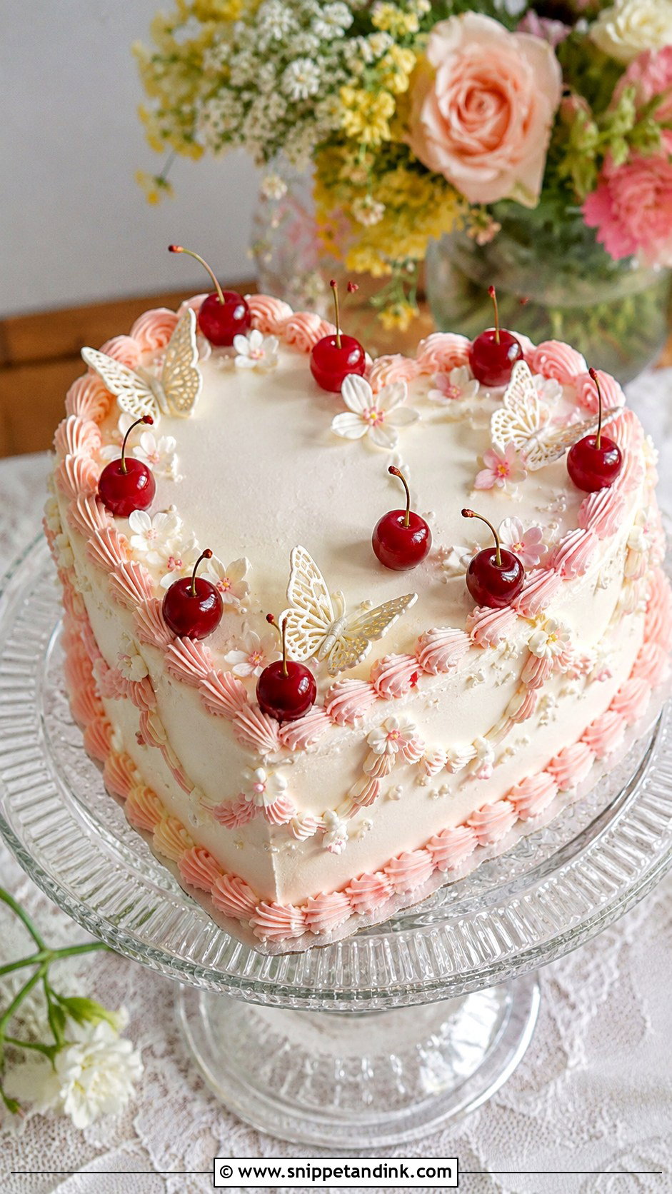 Cherry Butterfly Heart Wedding Cake - Snippet and Ink - 20 Butterfly Heart Cake Ideas for Wedding