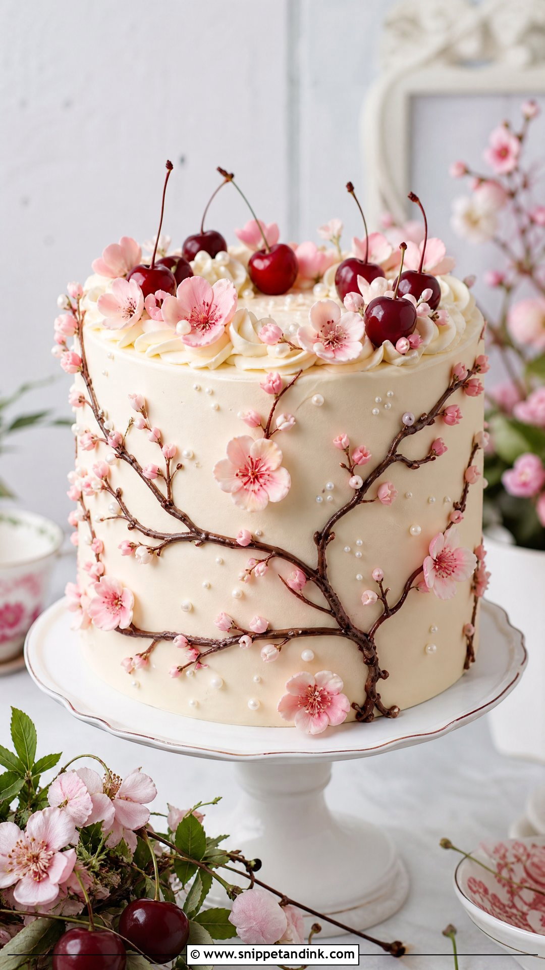 Cherry Cake With Cherry Blossom Details - Snippet and Ink - 25 Vintage Cherry Cake Ideas for Wedding