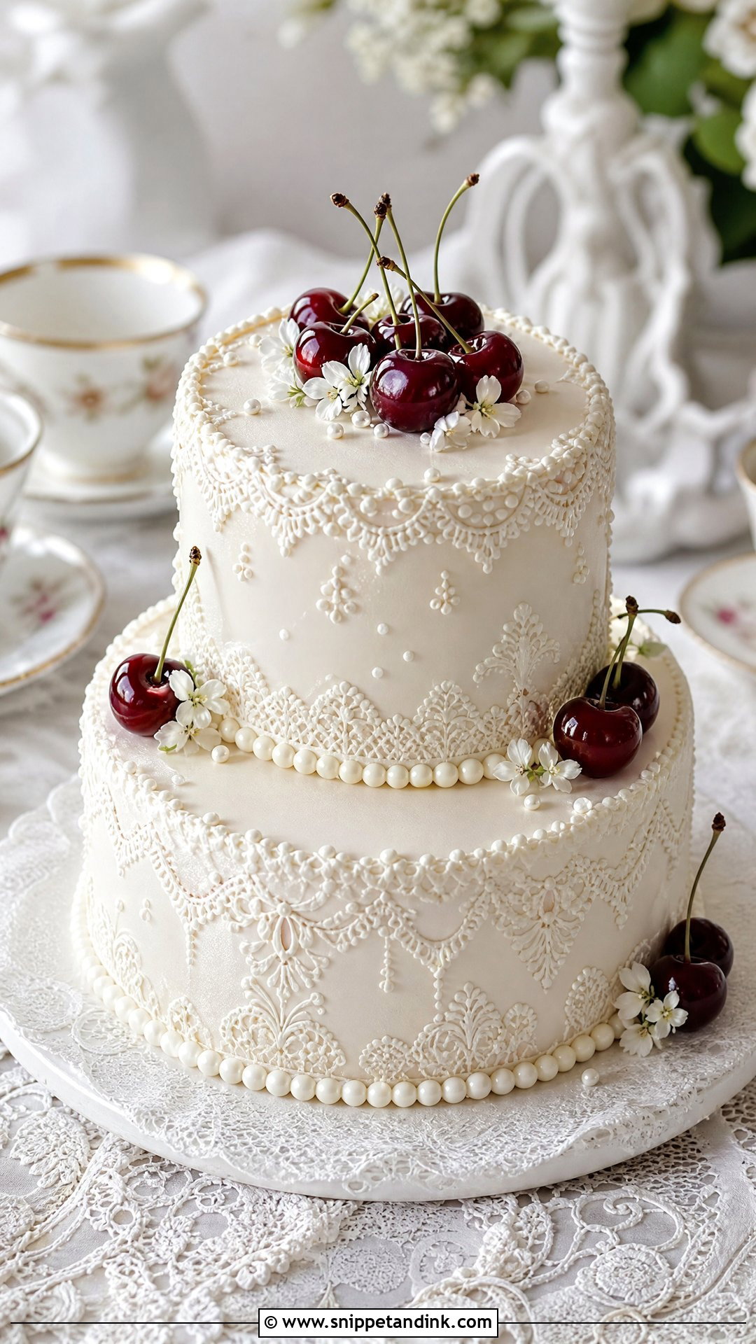 Cherry Cake With Lace Piping - Snippet and Ink - 25 Vintage Cherry Cake Ideas for Wedding