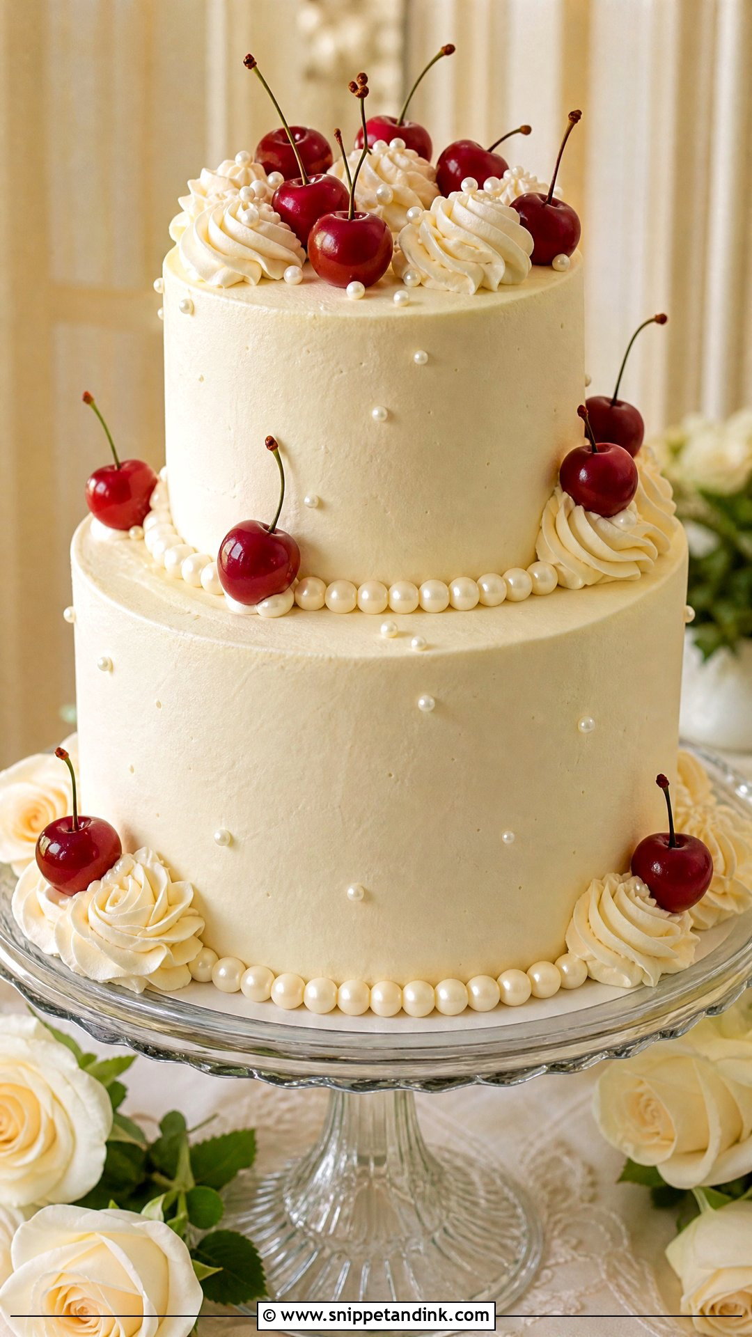 Cherry Cake With Pearl Border - Snippet and Ink - 25 Vintage Cherry Cake Ideas for Wedding