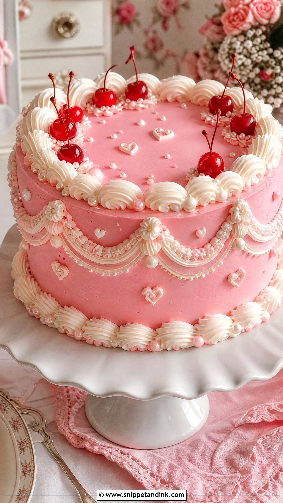 Cherry Cake With Pink Frosting - Snippet and Ink - 25 Vintage Cherry Cake Ideas for Wedding