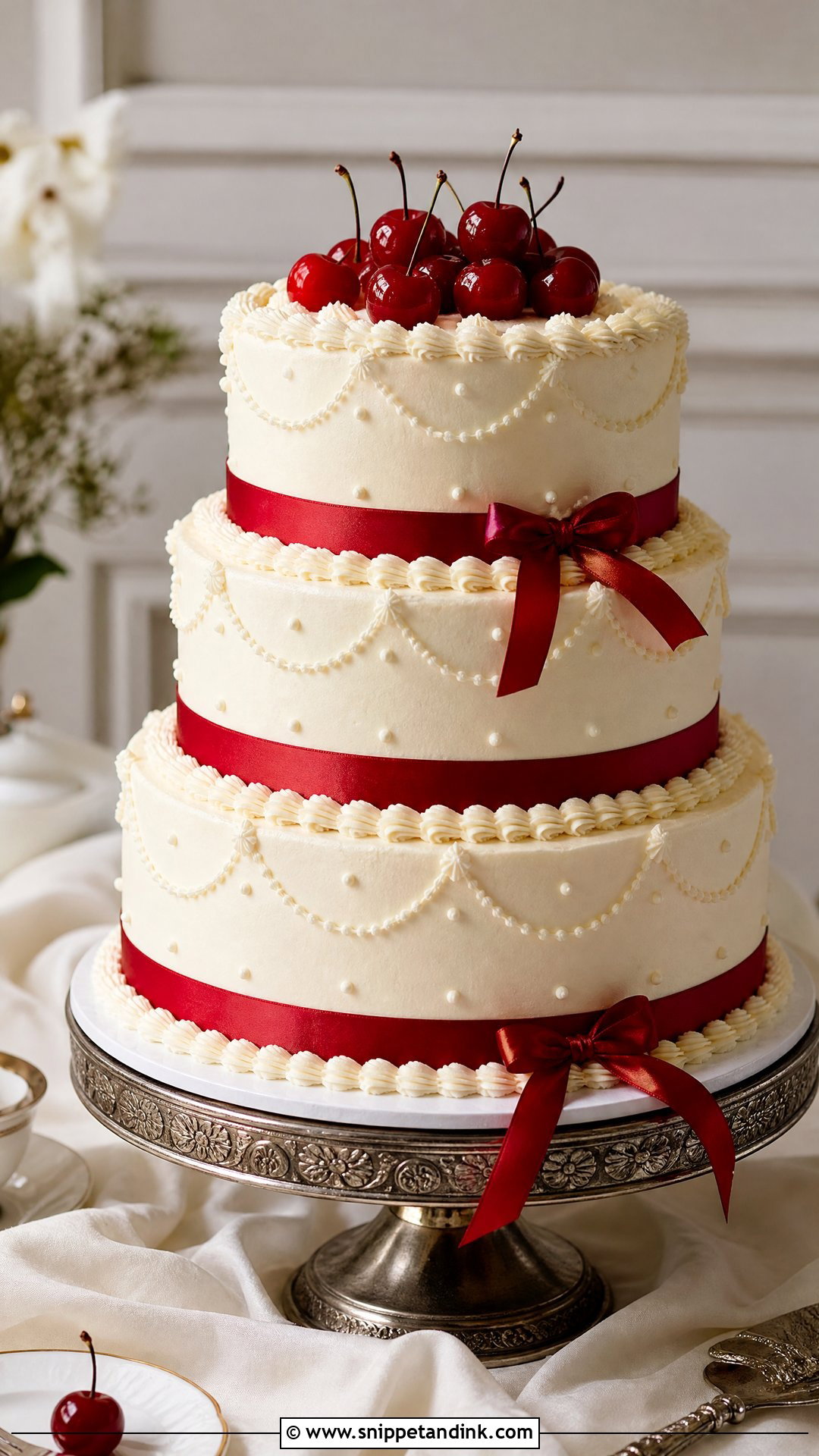 Cherry Cake With Red Ribbon - Snippet and Ink - 25 Vintage Cherry Cake Ideas for Wedding