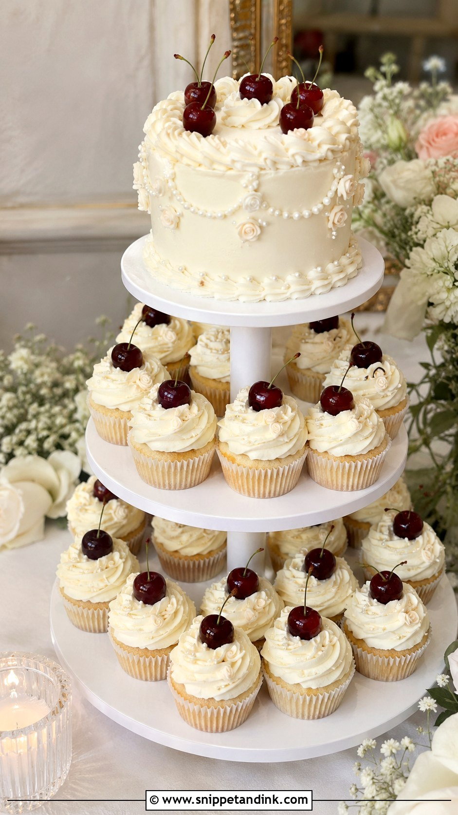 Cherry Cupcake Wedding Cake - Snippet and Ink - 25 Vintage Cherry Wedding Cake Ideas
