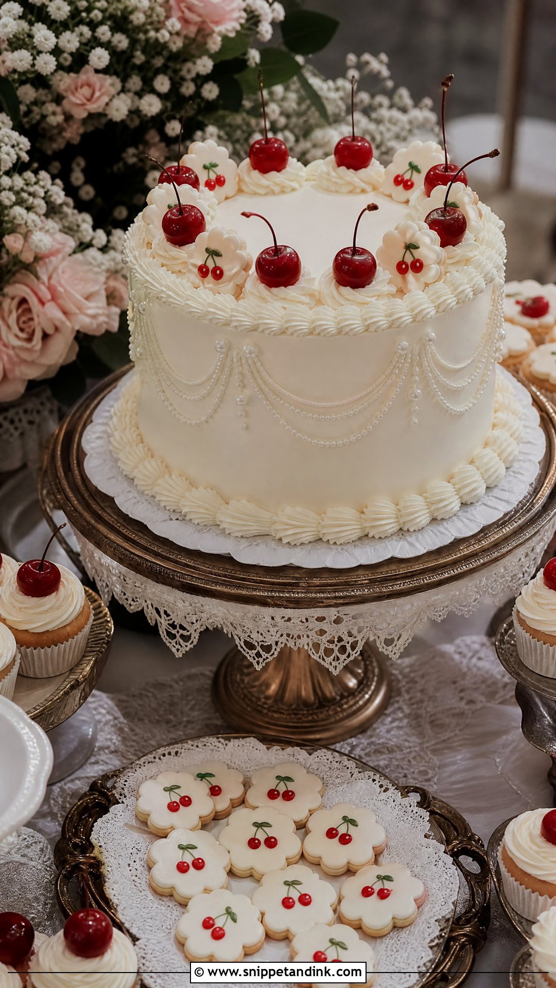 Cherry Dessert Table Wedding Cake - Snippet and Ink - 25 Vintage Cherry Cake Ideas for Wedding