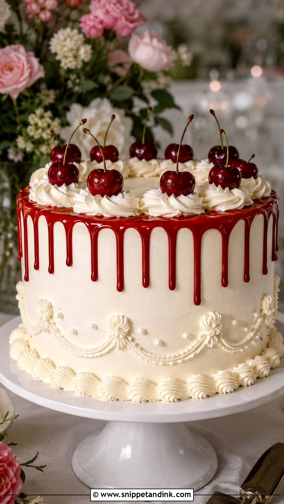 Cherry Drip Wedding Cake - Snippet and Ink - 25 Vintage Cherry Wedding Cake Ideas