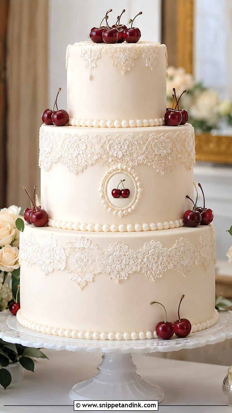 Cherry Fondant Wedding Cake - Snippet and Ink - 25 Vintage Cherry Wedding Cake Ideas