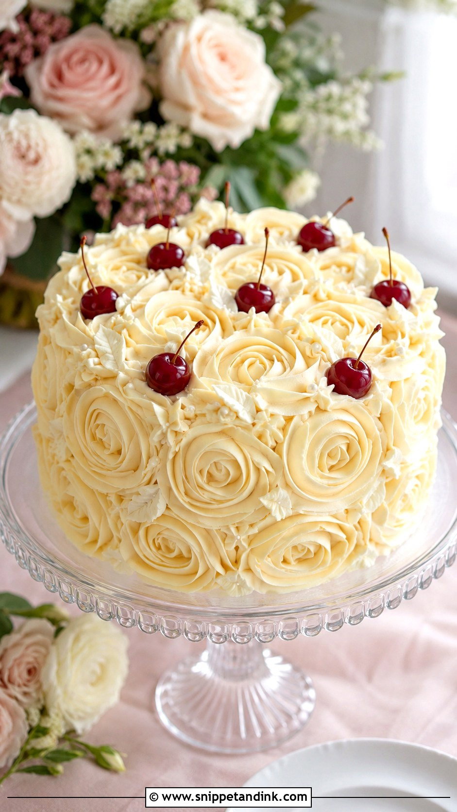 Cherry Rosette Wedding Cake - Snippet and Ink - 25 Vintage Cherry Wedding Cake Ideas