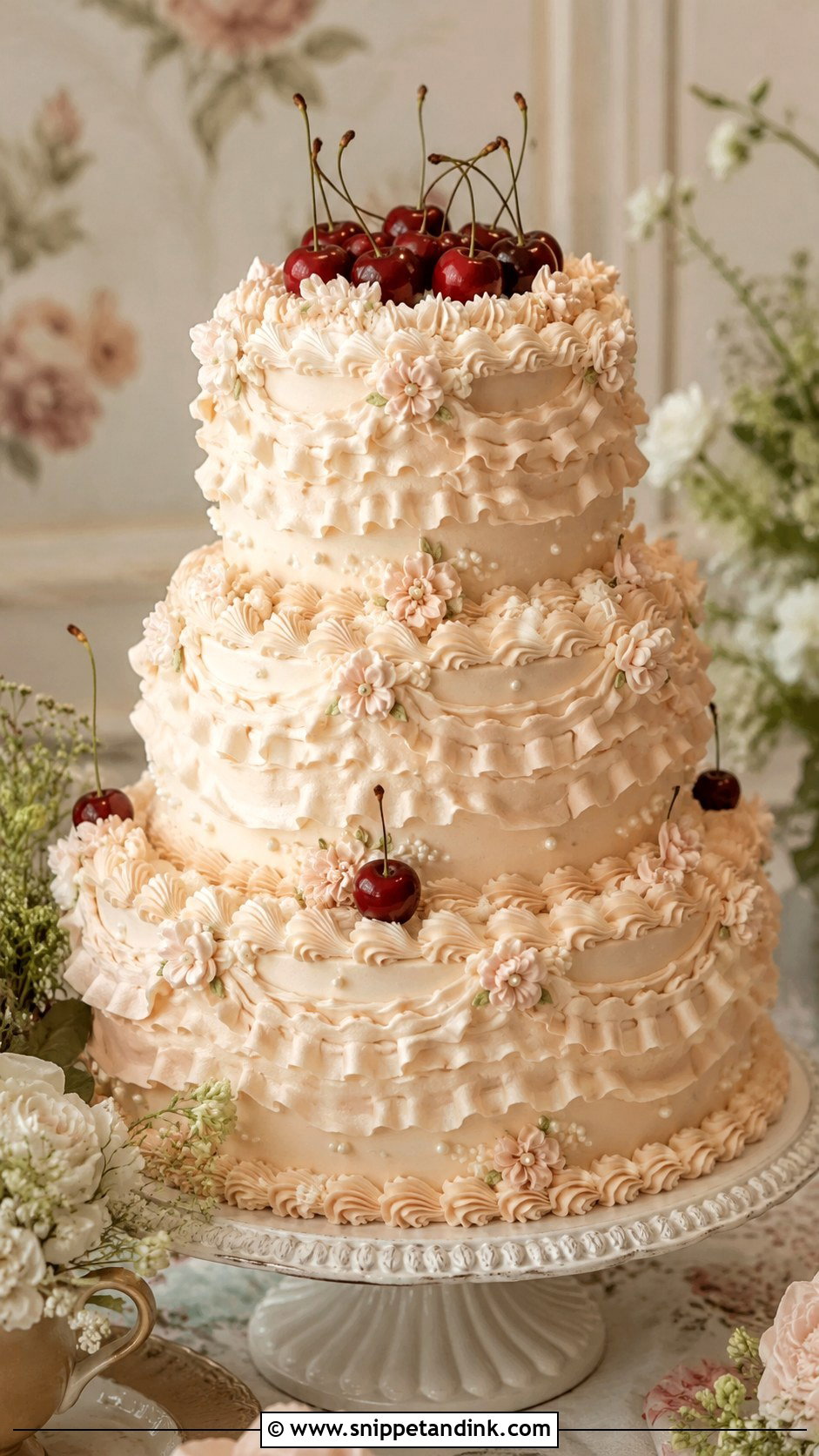Cherry Ruffle Wedding Cake - Snippet and Ink - 25 Vintage Cherry Wedding Cake Ideas