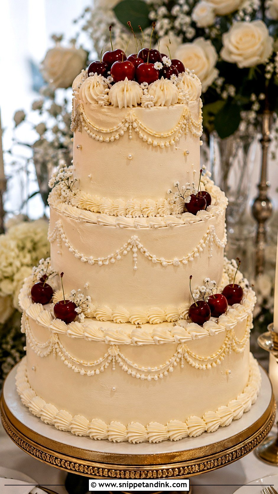 Cherry Tiered Wedding Cake - Snippet and Ink - 25 Vintage Cherry Wedding Cake Ideas