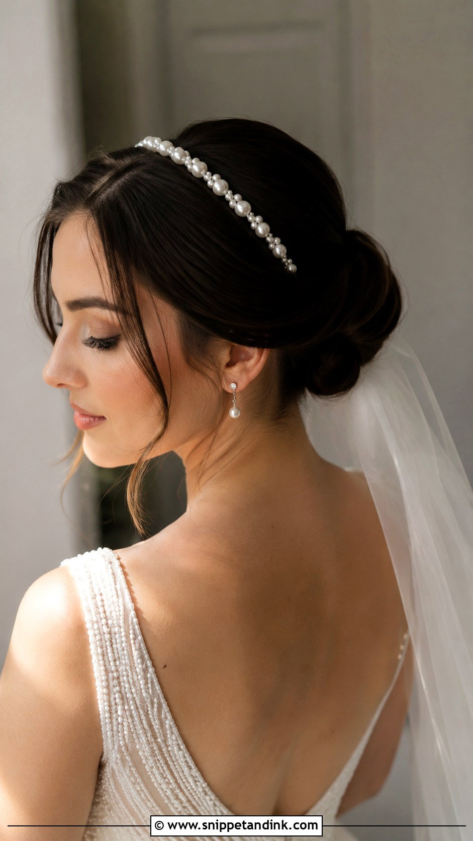 Chignon With Pearl Headband - Snippet and Ink - 20 Bride Hairstyles with Headband