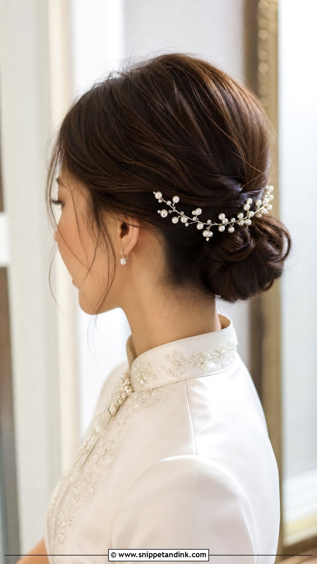 Chinese Bridal Chignon With Pearl Hair Vine - Snippet and Ink - 15 Chinese Bridal Hair Ideas
