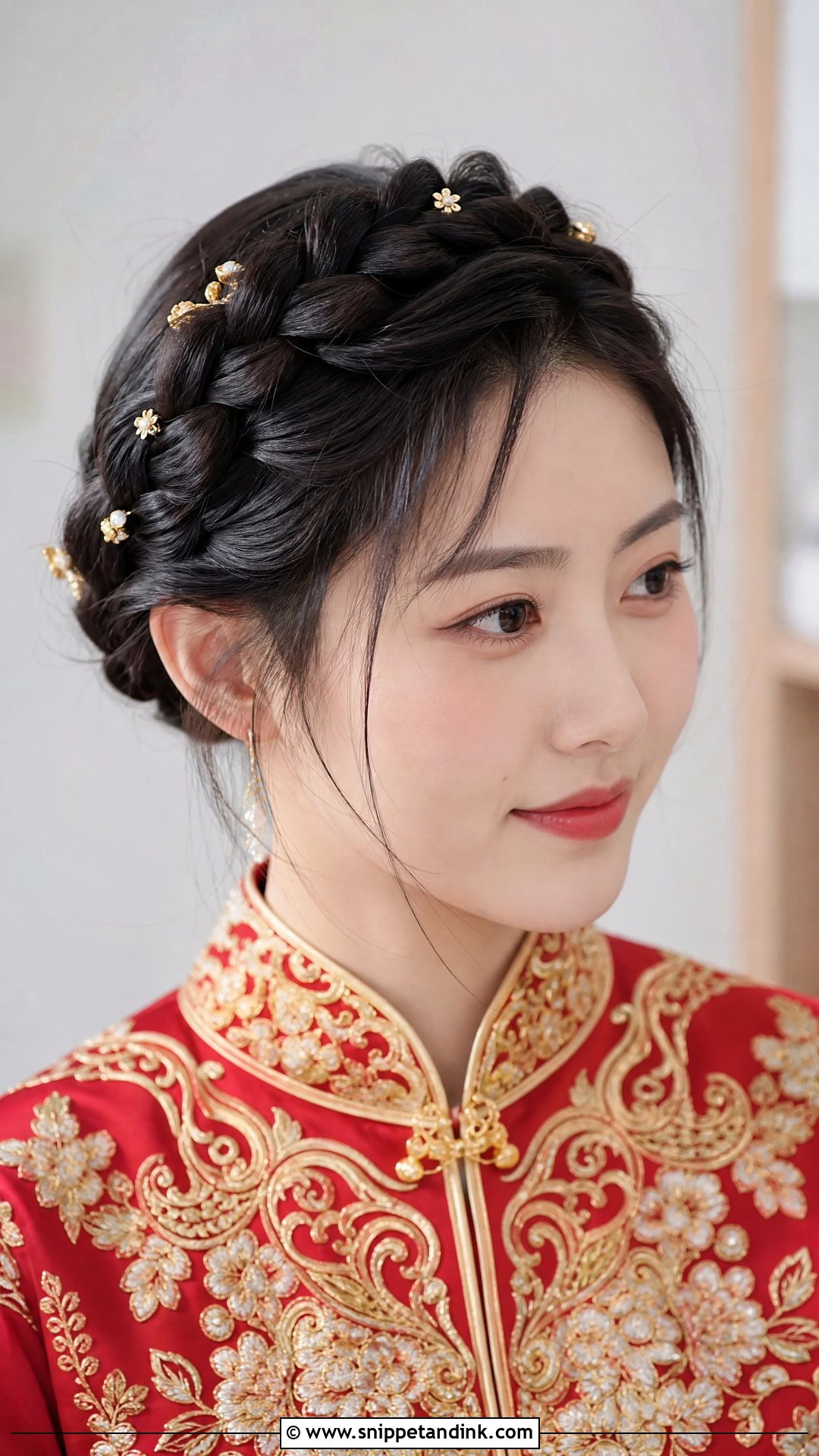 Chinese Bridal Crown Braid With Gold Pins - Snippet and Ink - 15 Chinese Bridal Hair Ideas