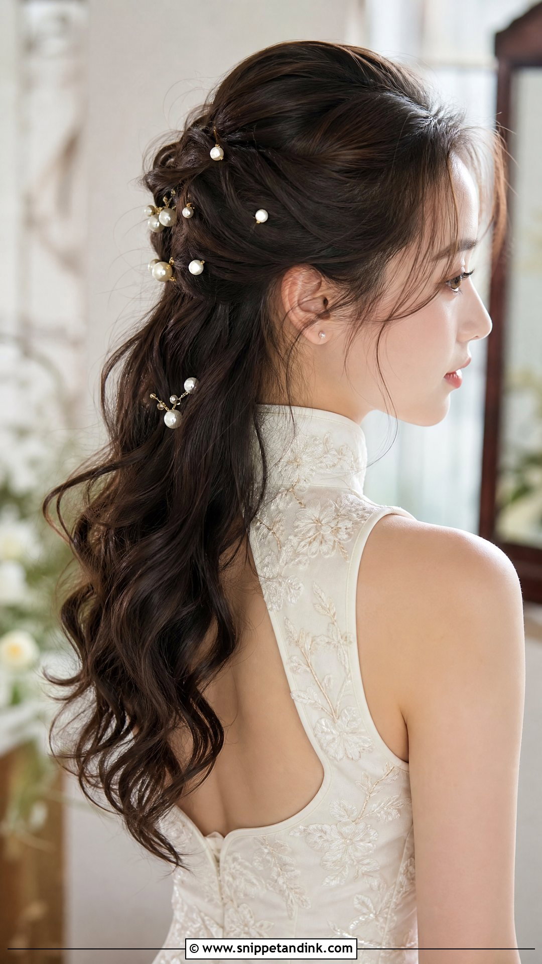 Chinese Bridal Half Up Hair With Pearl Pins - Snippet and Ink - 15 Chinese Bridal Hair Ideas