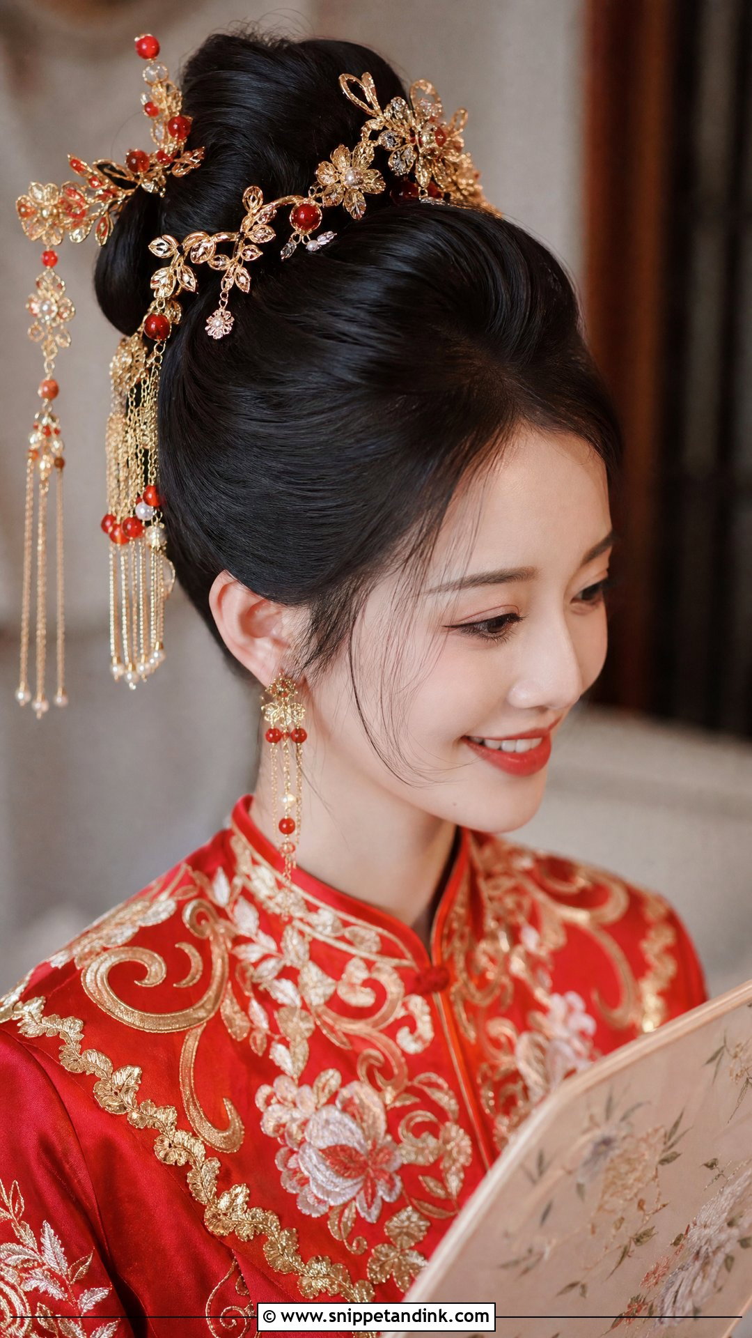 Chinese Bridal High Bun With Dangling Hair Ornaments - Snippet and Ink - 15 Chinese Bridal Hair Ideas