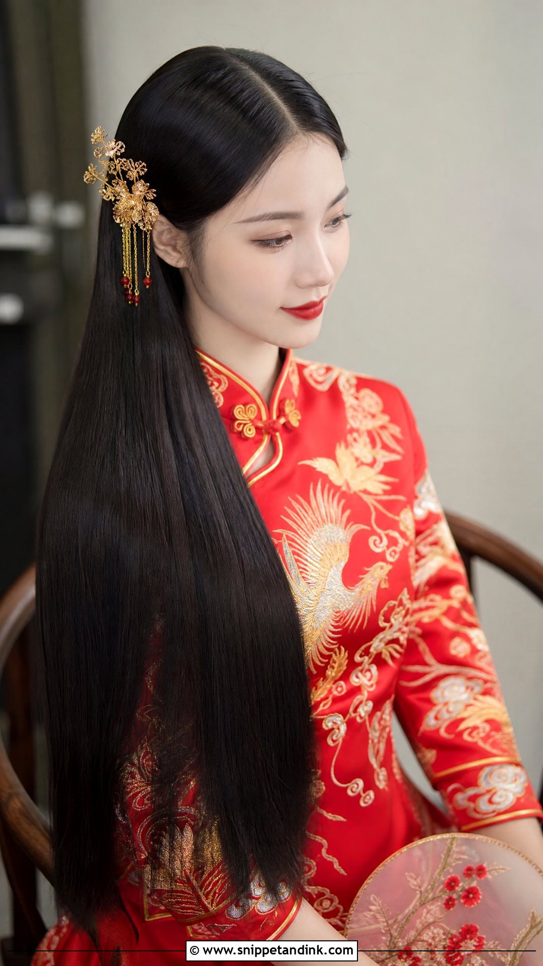 Chinese Bridal Long Straight Hair With Gold Comb - Snippet and Ink - 15 Chinese Bridal Hair Ideas