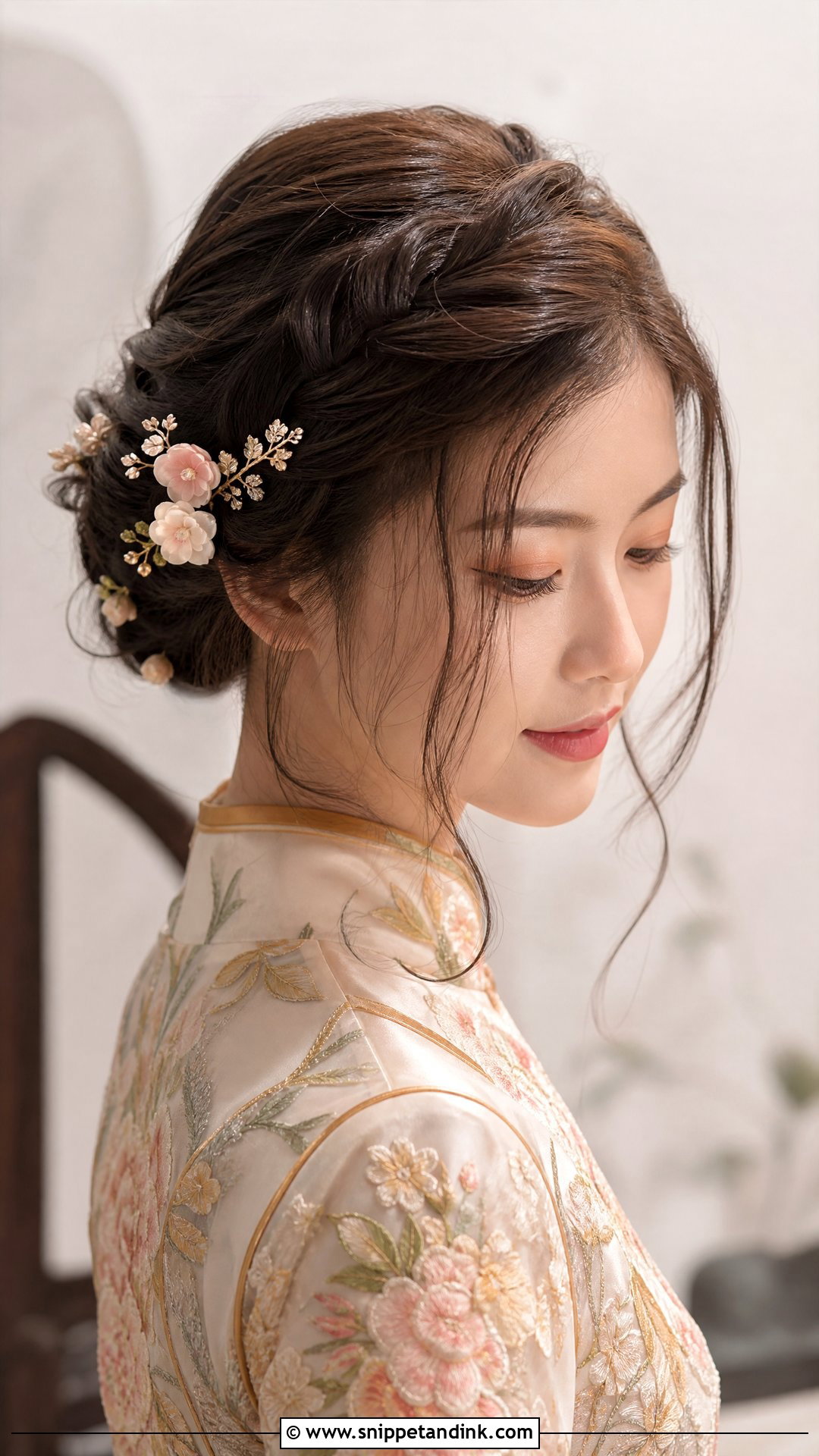 Chinese Bridal Loose Updo With Floral Pins - Snippet and Ink - 15 Chinese Bridal Hair Ideas