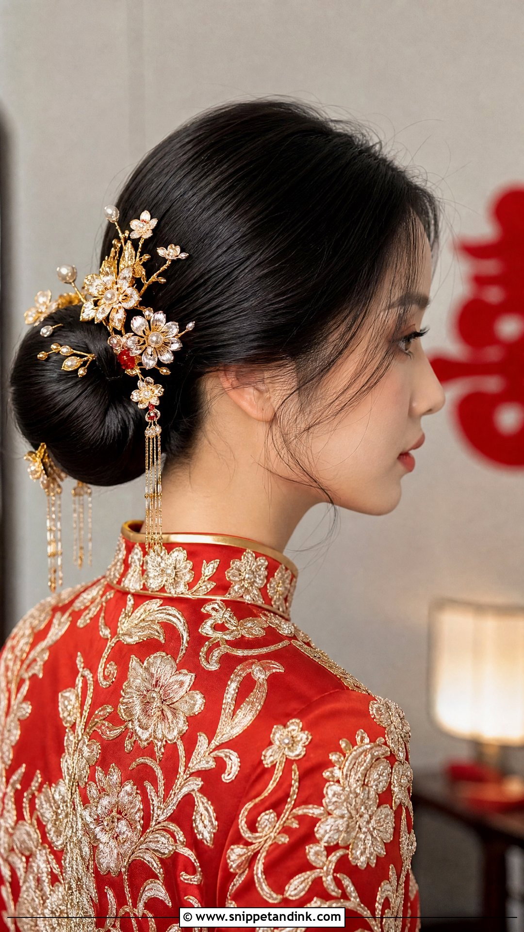 Chinese Bridal Low Bun With Gold Hairpins - Snippet and Ink - 15 Chinese Bridal Hair Ideas