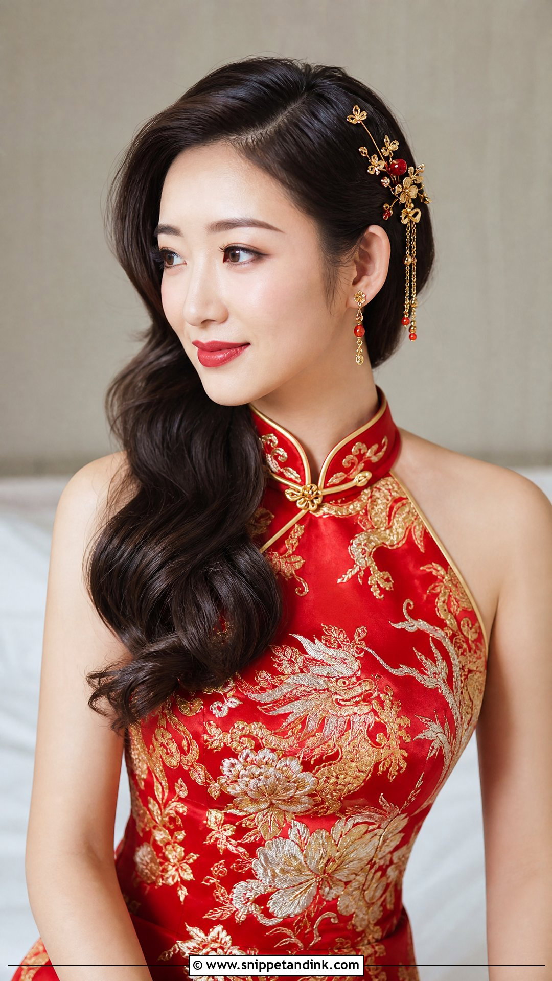 Chinese Bridal Side Swept Waves With Hairpins - Snippet and Ink - 15 Chinese Bridal Hair Ideas