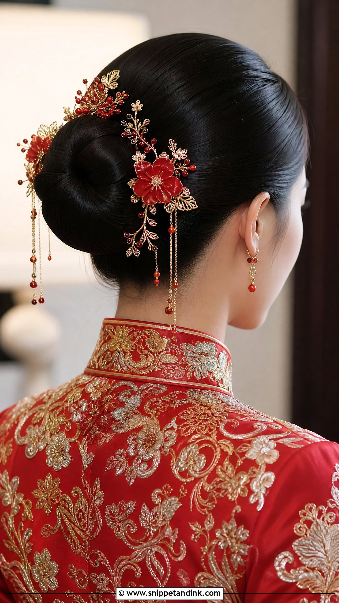 Chinese Bridal Sleek Bun With Red Hair Accessories - Snippet and Ink - 15 Chinese Bridal Hair Ideas