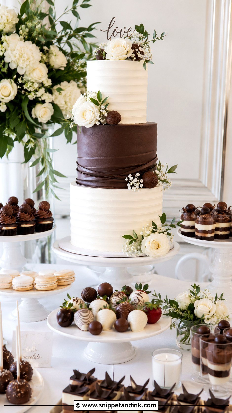 Chocolate And White Dessert Table Wedding Cake - Snippet and Ink - 25 Chocolate and White Wedding Cake Ideas