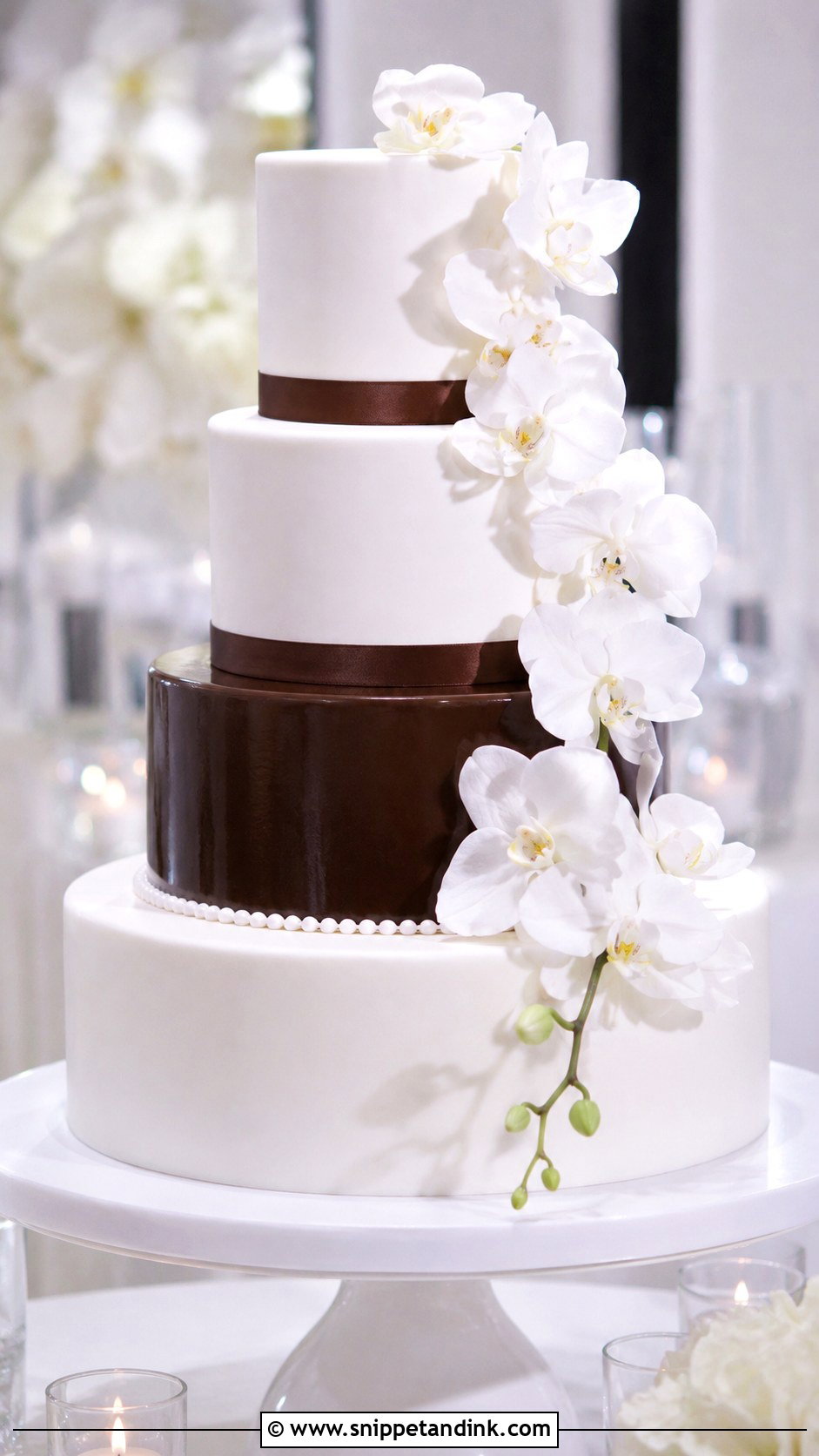 Chocolate And White Orchid Wedding Cake - Snippet and Ink - 25 Chocolate and White Wedding Cake Ideas