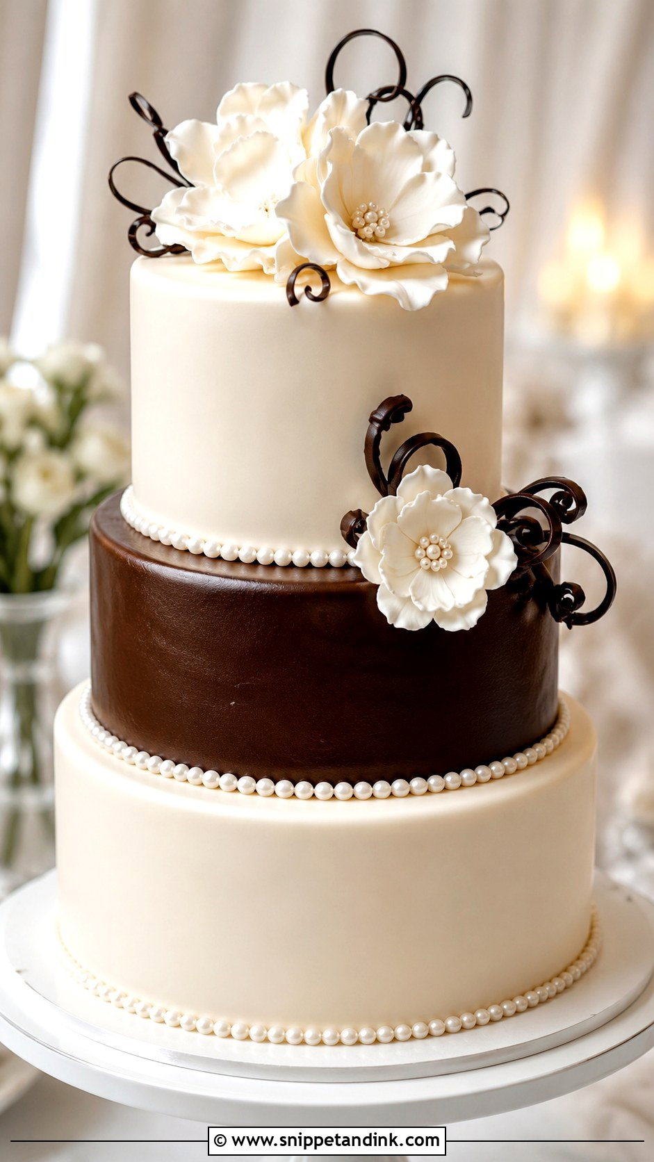 Chocolate And White Pearl Wedding Cake - Snippet and Ink - 25 Chocolate and White Wedding Cake Ideas