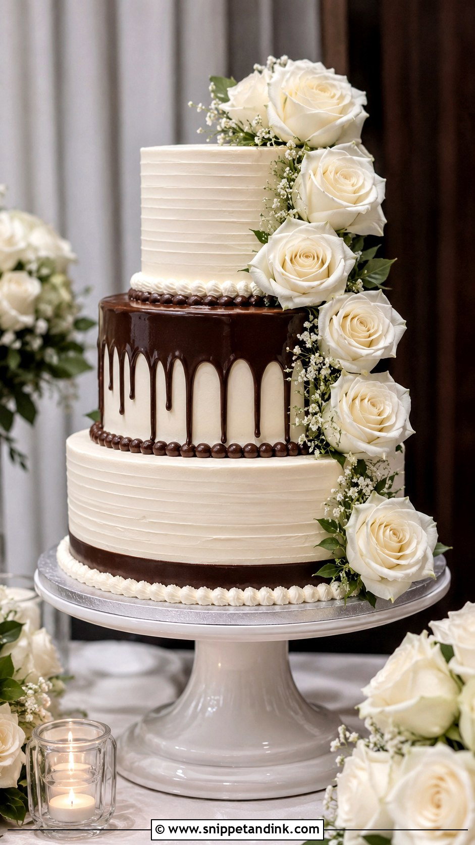 Chocolate And White Rose Wedding Cake - Snippet and Ink - 25 Chocolate and White Wedding Cake Ideas