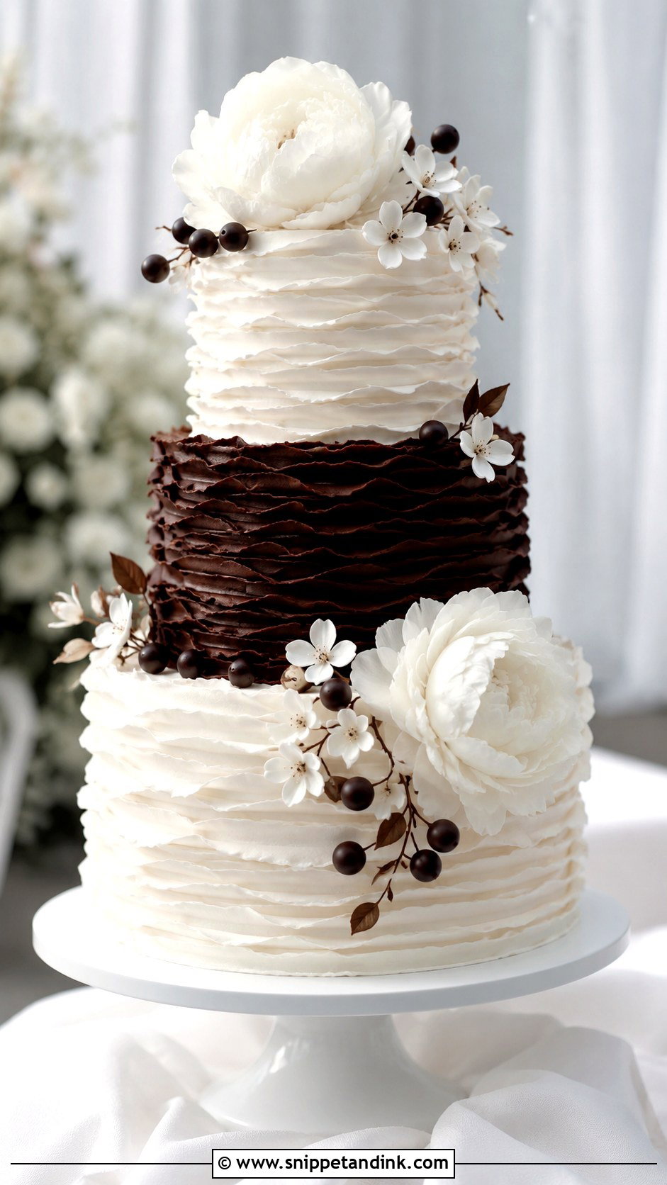 Chocolate And White Ruffle Wedding Cake - Snippet and Ink - 25 Chocolate and White Wedding Cake Ideas