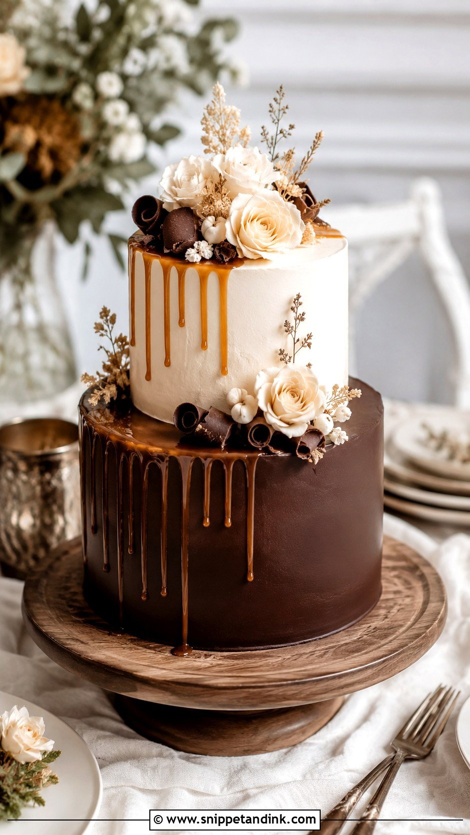 Chocolate Brown And Cream Two Tone Wedding Cake - Snippet and Ink - 20 Two Tone Wedding Cake Ideas