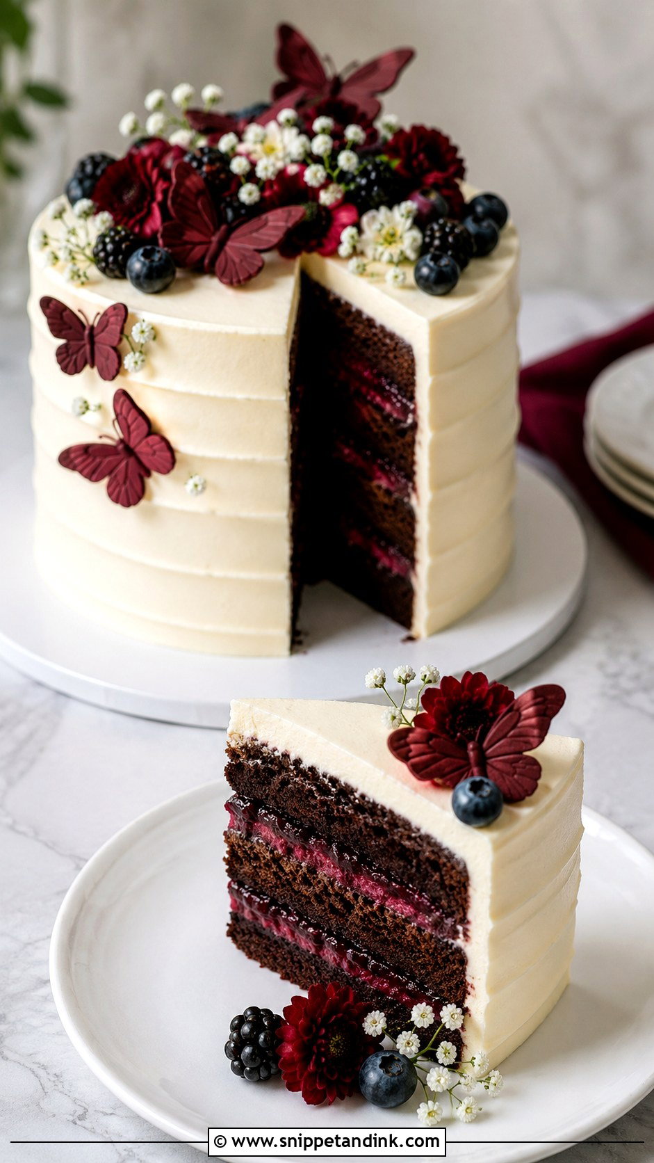Chocolate Butterfly Wedding Cake With Berry Filling - Snippet and Ink - 20 Chocolate Butterfly Cake Ideas for Wedding