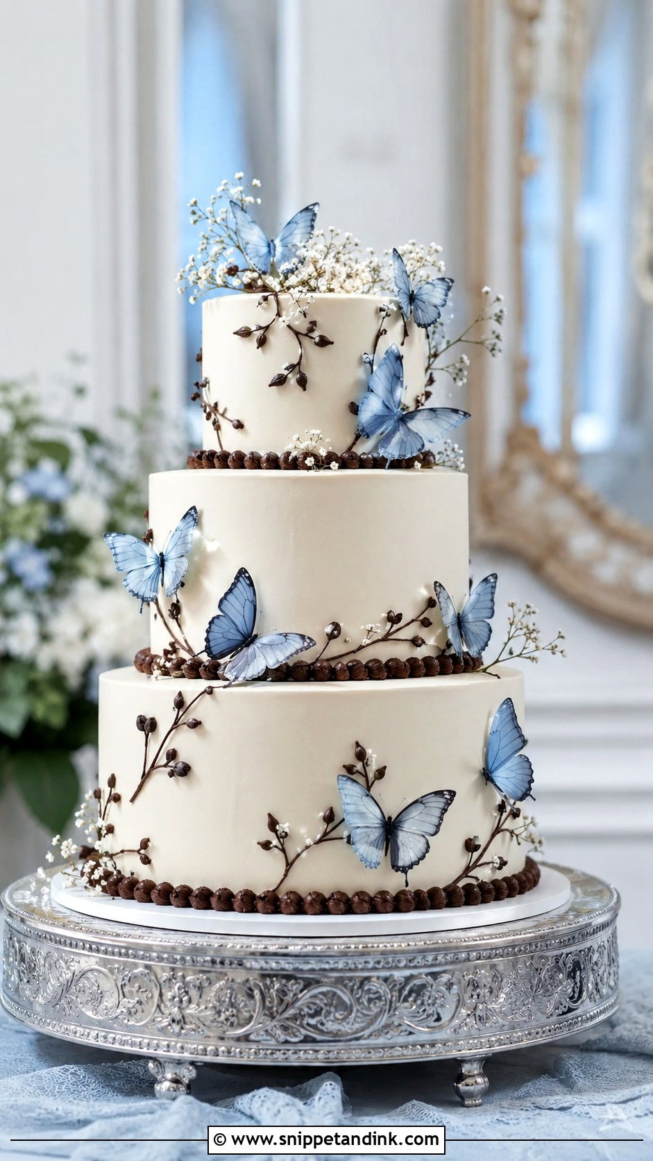 Chocolate Butterfly Wedding Cake With Blue Butterflies - Snippet and Ink - 20 Chocolate Butterfly Cake Ideas for Wedding