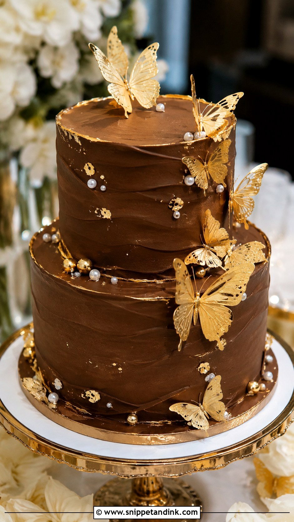 Chocolate Butterfly Wedding Cake With Gold Butterflies - Snippet and Ink - 20 Chocolate Butterfly Cake Ideas for Wedding